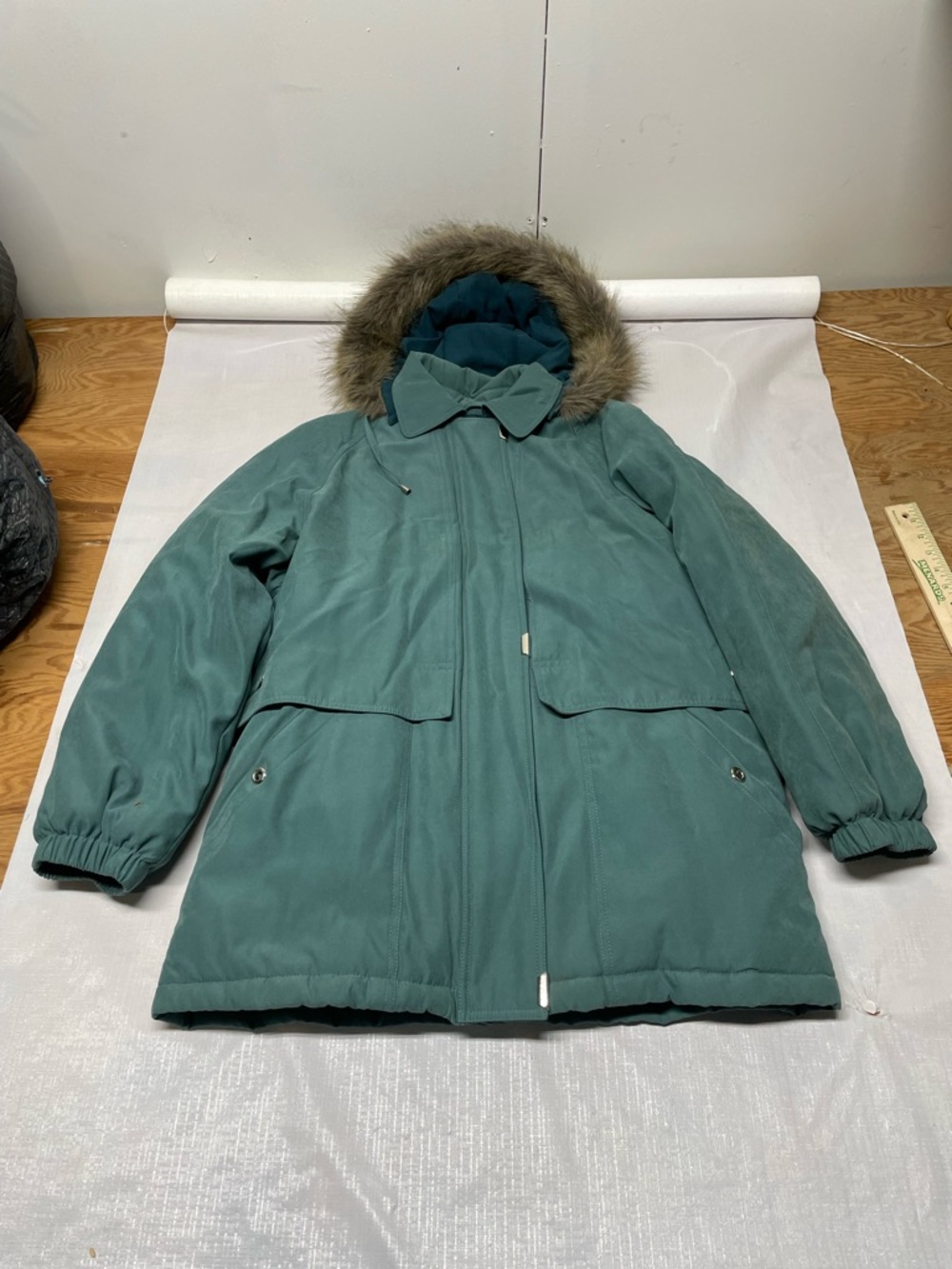 Women’s Teal Hooded Puffer Coat with Faux-Fur Trim